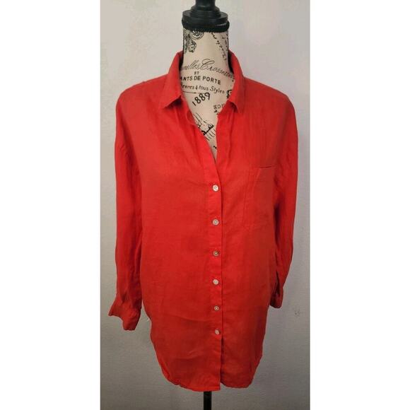 Christian Siriano 100% Linen Button Up Shirt Sz Small Red Pockets Long Sleeves - Picture 2 of 10